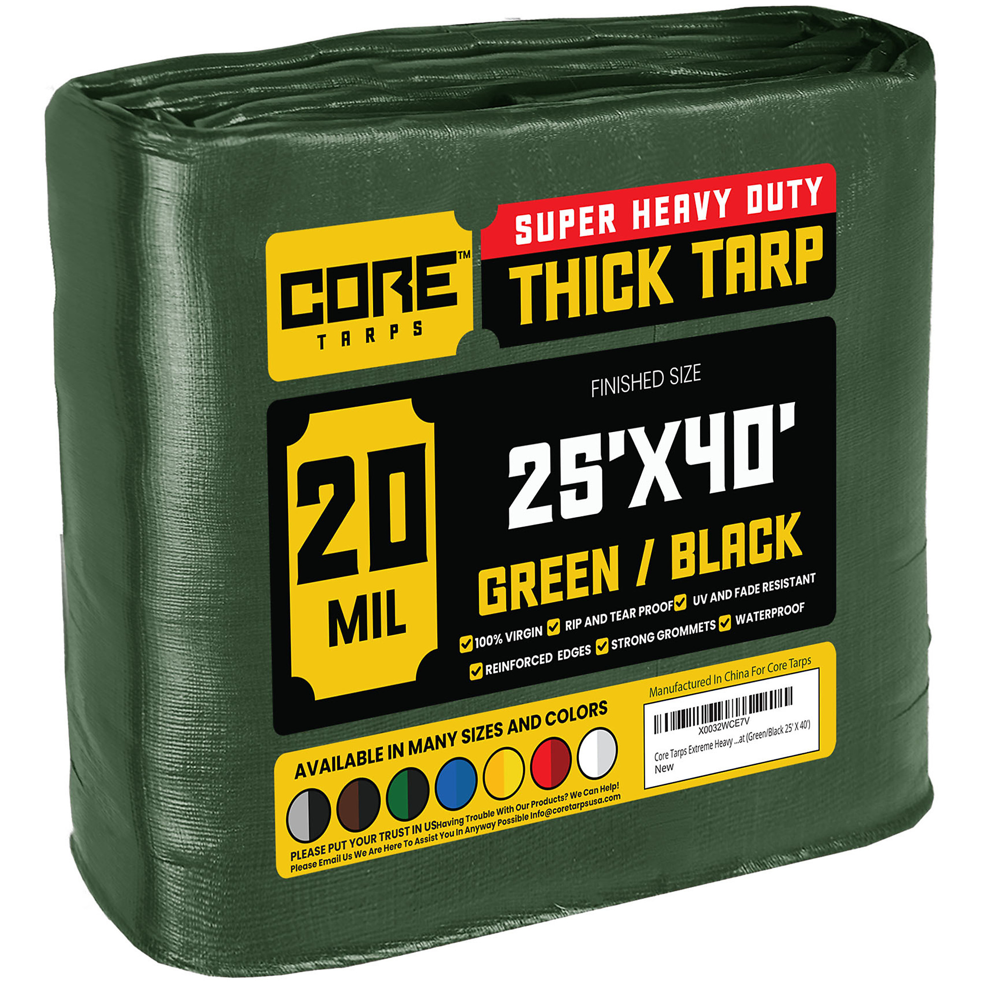 Core Tarps Extreme Heavy-Duty 20 Mil Tarp Cover — 25ft. x 40ft., Waterproof, UV Resistant, Rip and Tear Proof, Reinforced Edges, Green/Black, Model# CT-703-25X40